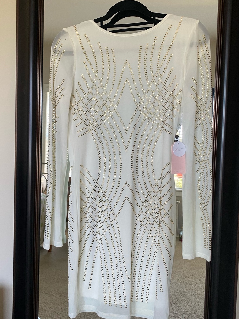 Gold-Stud Embellished White Long Sleeve Bodycon Dress